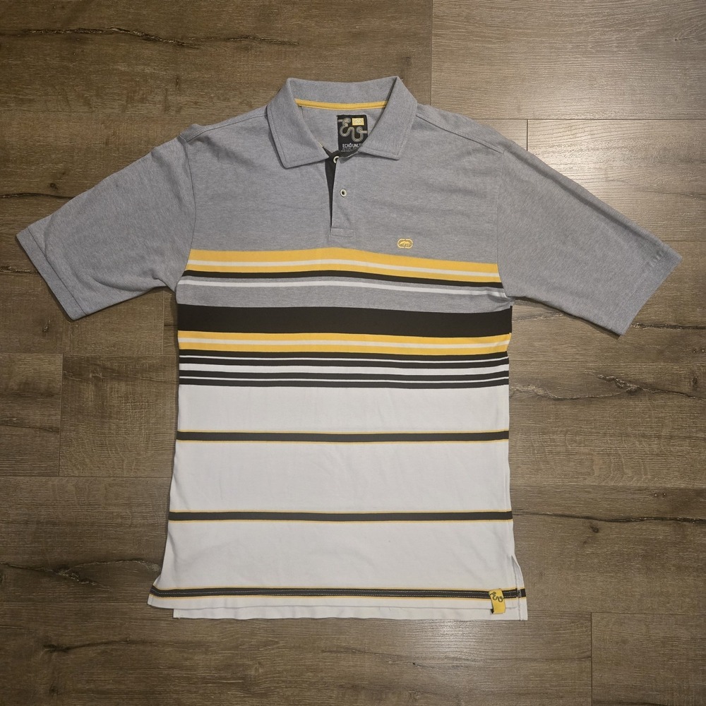 ECKO UNLIMITED Polo Knit Y2K Yellow Gray Stripe Men's XL